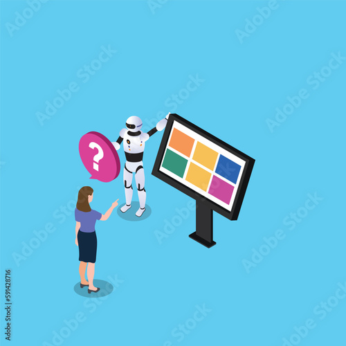 Robot helping woman answering questions 3d isometric vector illustration concept for banner, website, landing page, ads, flyer template