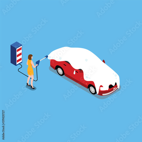 Woman washing car 3d isometric vector illustration concept for banner, website, landing page, ads, flyer template