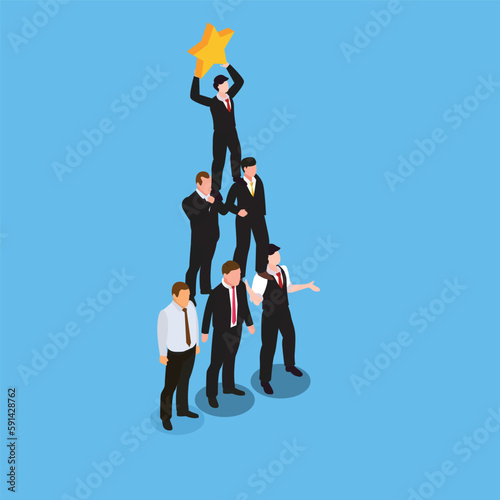 Teamwork businessmen pyramid to achieve goal success star 3d isometric vector illustration concept for banner, website, landing page, ads, flyer template