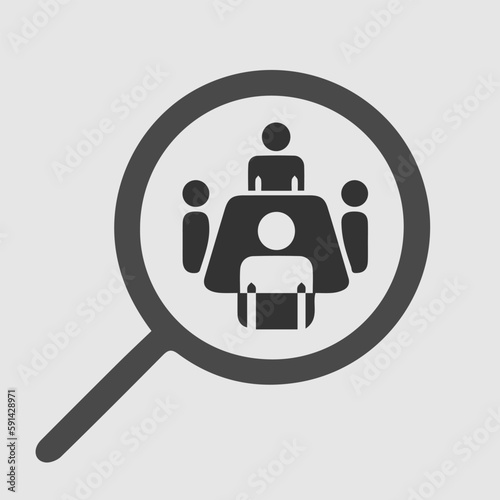 Meeting around table. Magnifying glass vector icon eps 10.