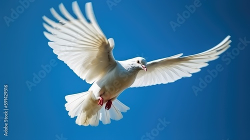 White dove on a clear blue sky. Animal in motion. Generative ai.