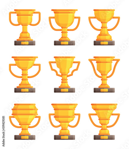 Collection de trophées en or. Coupes de la victoire dorées.