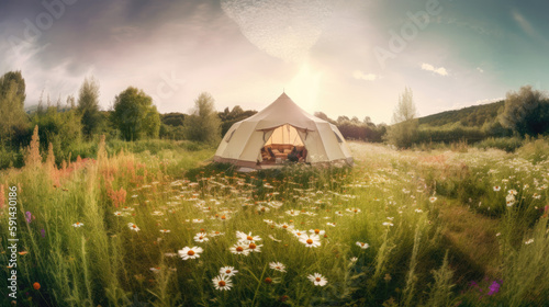 Glamping in the summer meadow with camomiles.