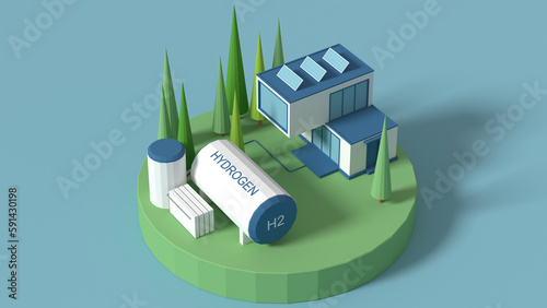 Hydrogen energy, ecology is an energy-saving concept of obtaining free energy from the sun. Eco-friendly smart city, 3d rendering.
