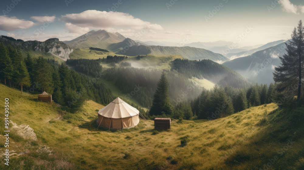 Camping tent in the Carpathian mountains. Panoramic view.