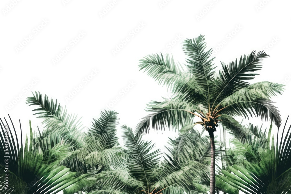 serene landscape with tall palm trees against a white sky. Generative AI