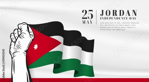 Banner illustration of Jordan independence day celebration with text space. Waving flag and hands clenched. Vector illustration.
