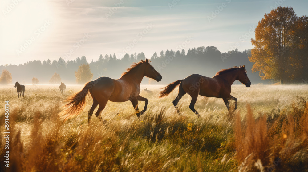 Horses running on the meadow at sunrise. Beautiful nature background Horses running on the meadow at sunrise. Beautiful nature background