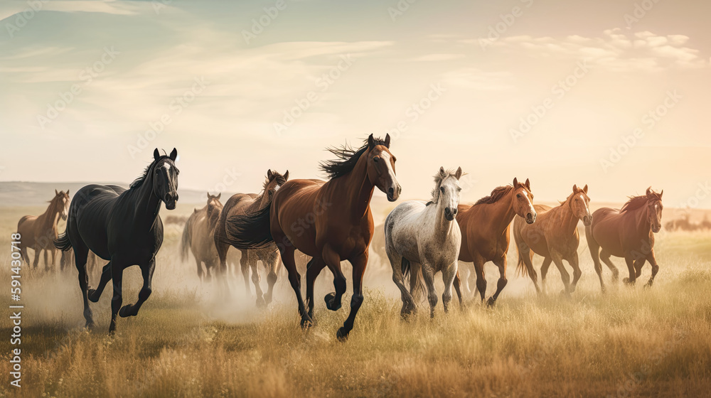 Herd of horses run gallop on the meadow at sunset