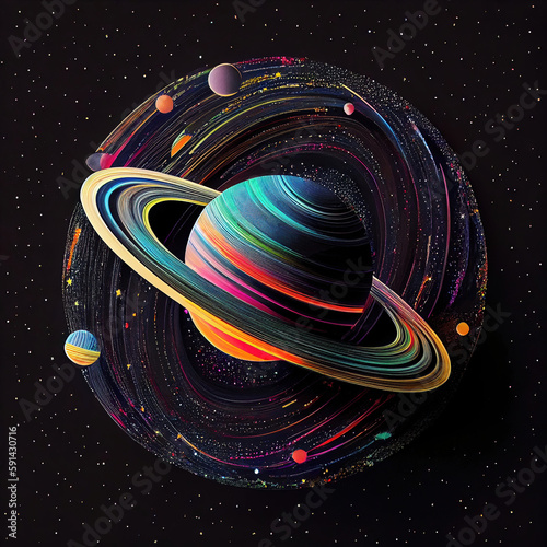 Colorful saturn planet in dark space with stars (Generative AI)