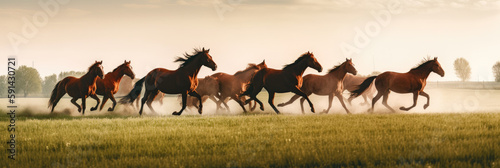 Horses run gallop in the meadow at sunset  panorama banner.