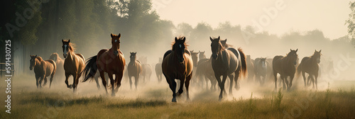 Horses galloping in a foggy meadow at sunrise.