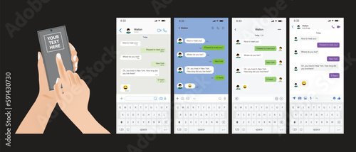 Hand holds the smartphone with messenger application. Messenger UI collection. Flat vector modern phone mock-up illustration.
