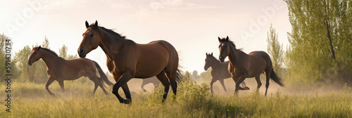 Horses running in the meadow at sunset  panoramic