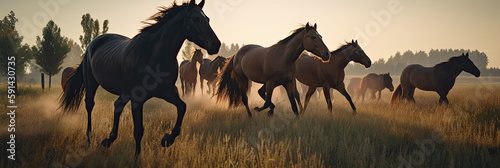 Horses in the field at sunset. Panoramic image.