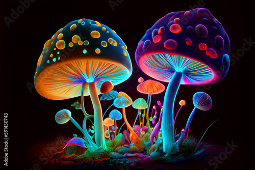 Magical psychedelic mushrooms glowing in trippy colors (Generative AI)