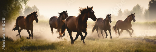 Horses run gallop in foggy meadow, panorama banner.
