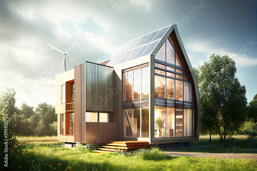 Illustration of green modern self-sustaining low energy family home on garden ground (Generative AI)