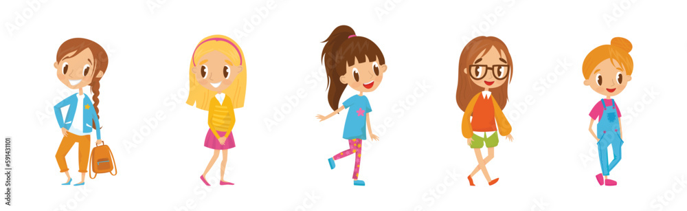 Cute Girls in Casual Clothing Standing and Posing Vector Set