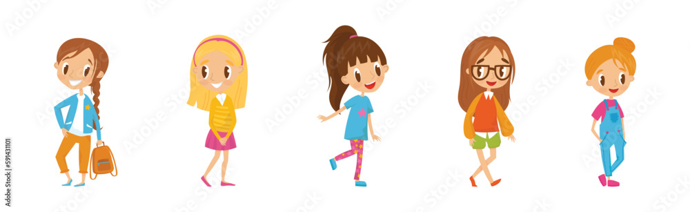 Cute Girls in Casual Clothing Standing and Posing Vector Set Cute Girls in Casual Clothing Standing and Posing Vector Set