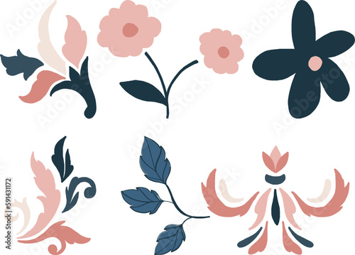 Vector set of hand drawn decorative floral elements in pastel colors.