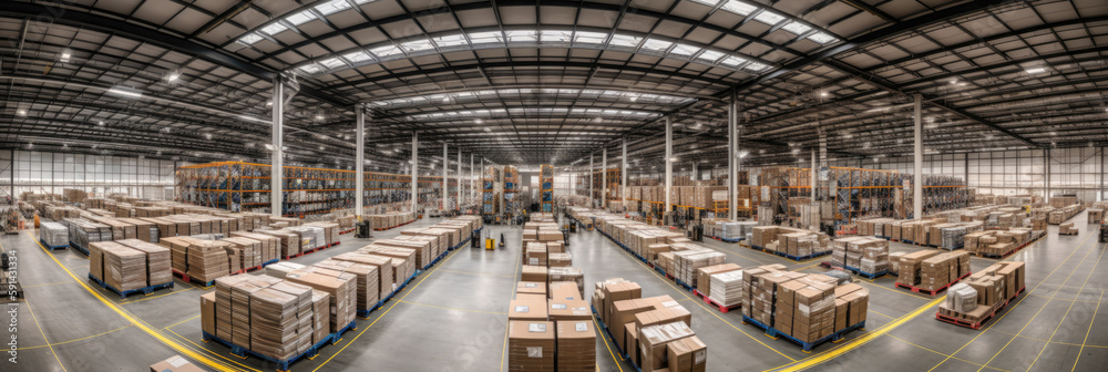 Panoramic view of warehouse with rows of pallets and boxes