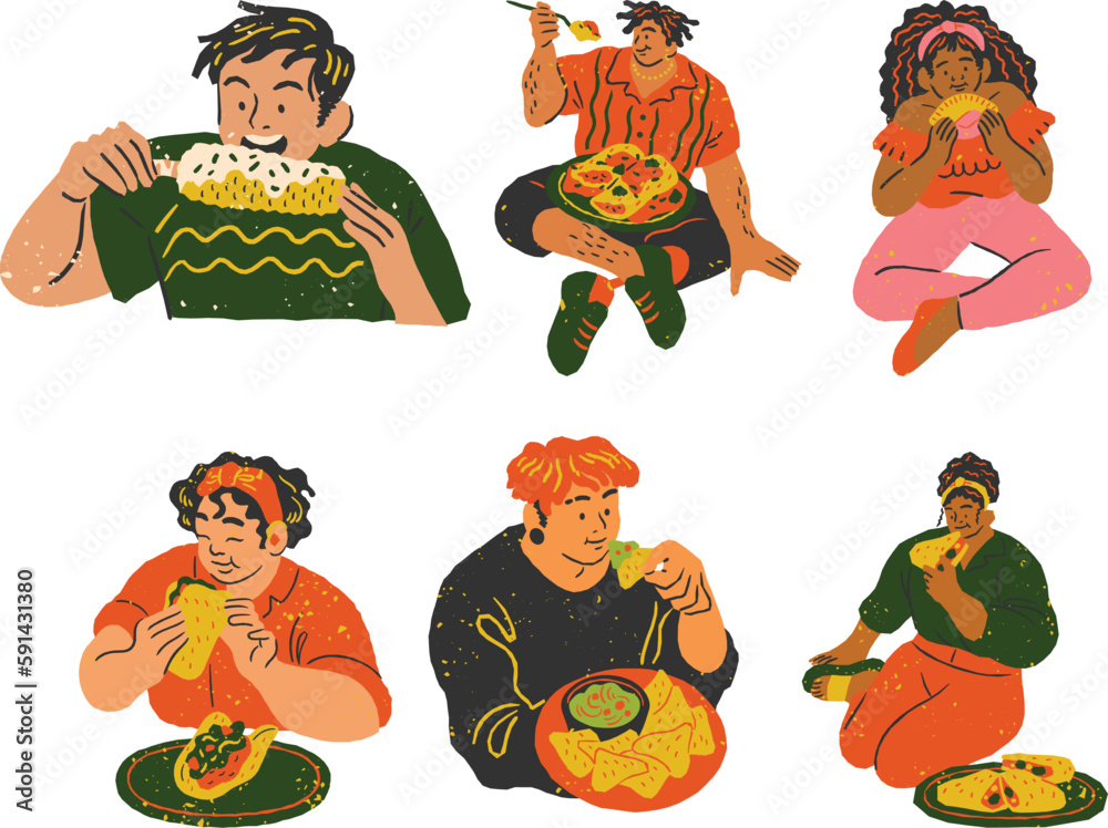 Set of people eating fast food. Colorful vector illustration in cartoon style.