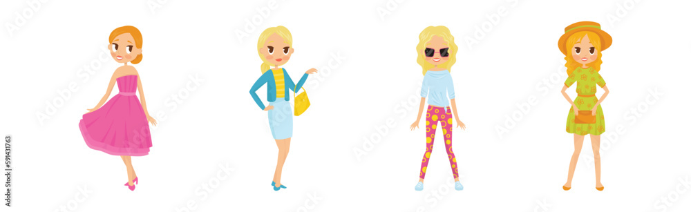 Young Woman in Casual Clothing Standing and Posing Vector Set Young Woman in Casual Clothing Standing and Posing Vector Set