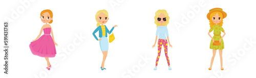 Young Woman in Casual Clothing Standing and Posing Vector Set