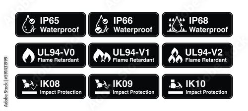 IP66, IP67 and IP68 Waterproof ratings. IK08, IK09 and IK10 Impact rating. UL94 Flame-Retardant. Water resistance level, collision tolerance resistance and anti-flame icon and symbol. Vector.