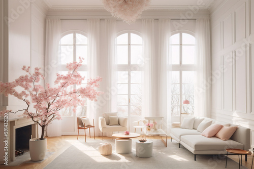 Video conference living room with Cherry blossom, zoom background, Generative A