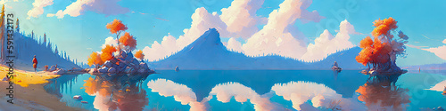 Pastel landscape with a beautiful lake. Soft colors. Generative AI.