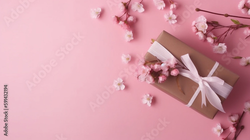 Gift box on a pink background with Cherry blossom, Banner with Copy space. Generative AI © LS Visuals