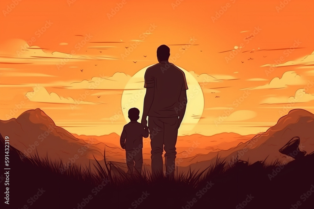 Father's day Illustration, Father with his little child concept for banner  with Copy Space. Generative AI