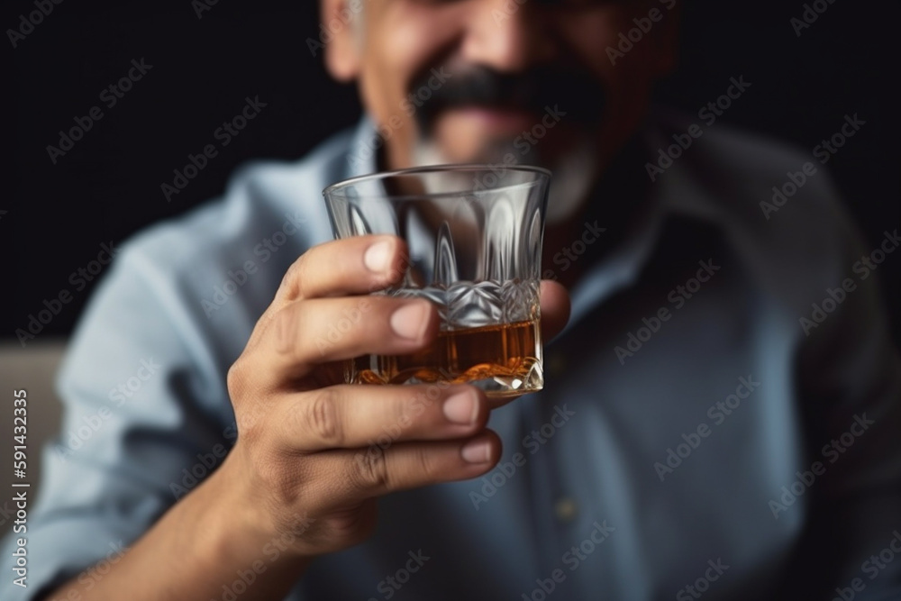 A fictional person, Close up of a men holding a glass of whiskey. Generative AI A fictional person, Close up of a men holding a glass of whiskey. Generative AI