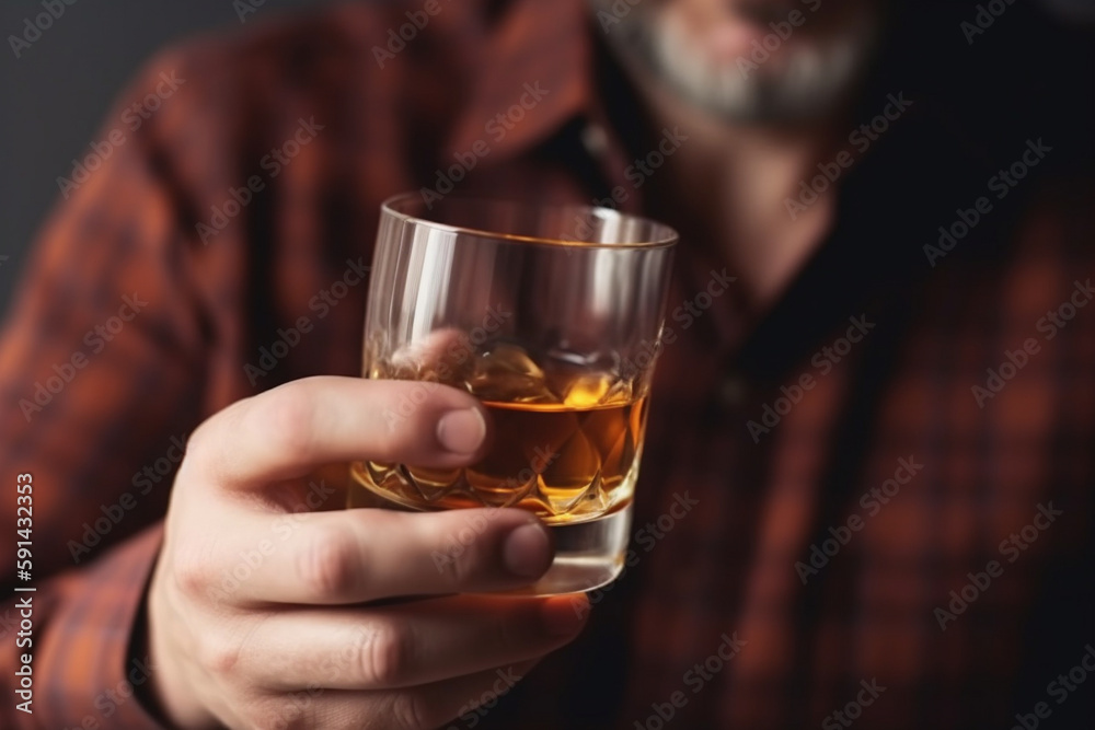 Close up of a men holding a glass of whiskey. Generative AI