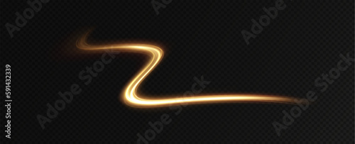 Golden glowing swirl. Light speed motion effect. Light trail. Shiny wavy path. Vector.