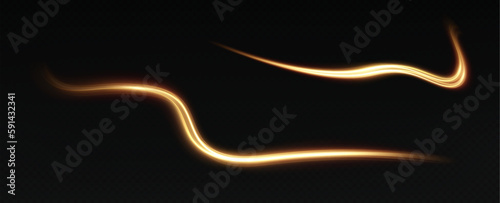 Golden glowing swirl. Light speed motion effect. Light trail. Shiny wavy path. Vector.