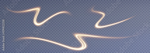 Golden glowing swirl. Light speed motion effect. Light trail. Shiny wavy path. Vector.