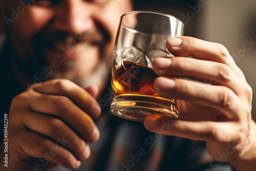 Close up of a fictional person, men holding a glass of whiskey. Generative AI