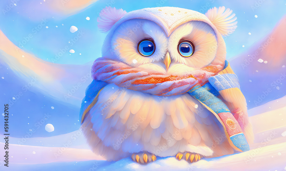 A colorful scarf-wearing owl in a winter landscape. Snow and winter. Generative AI.