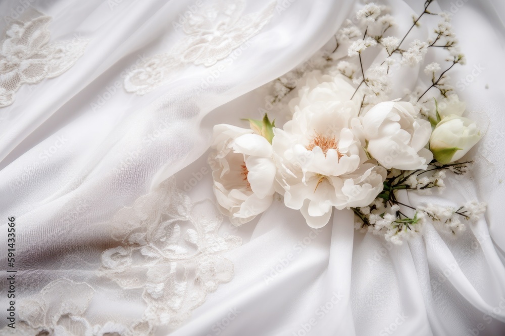 Wedding dress detail. Elegant white background with lace, silk and flowers. Generative AI Wedding dress detail. Elegant white background with lace, silk and flowers. Generative AI