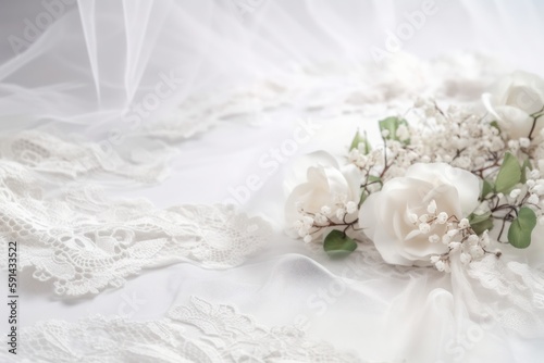 Wedding dress detail. Elegant white background with lace, silk and flowers. Generative AI