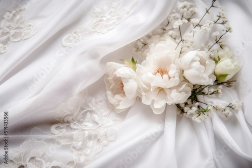 Wedding dress detail. Elegant white background with lace, silk and flowers. Generative AI