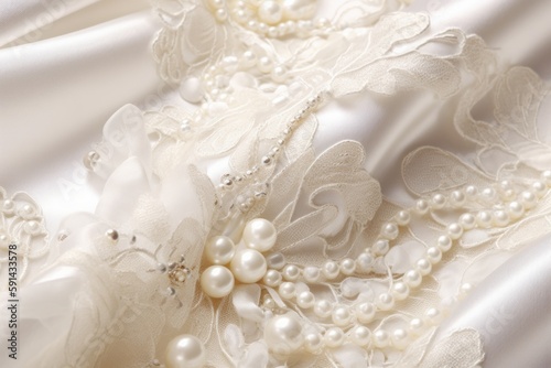 Wedding dress detail. Elegant white background with lace, silk and pearl. Generative AI