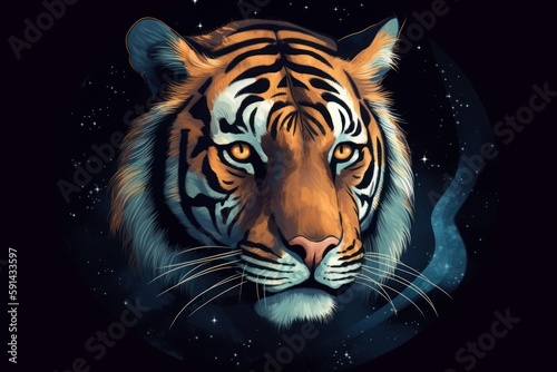 Epic tiger head illustration. Portrait of a tiger on black background. Generative AI