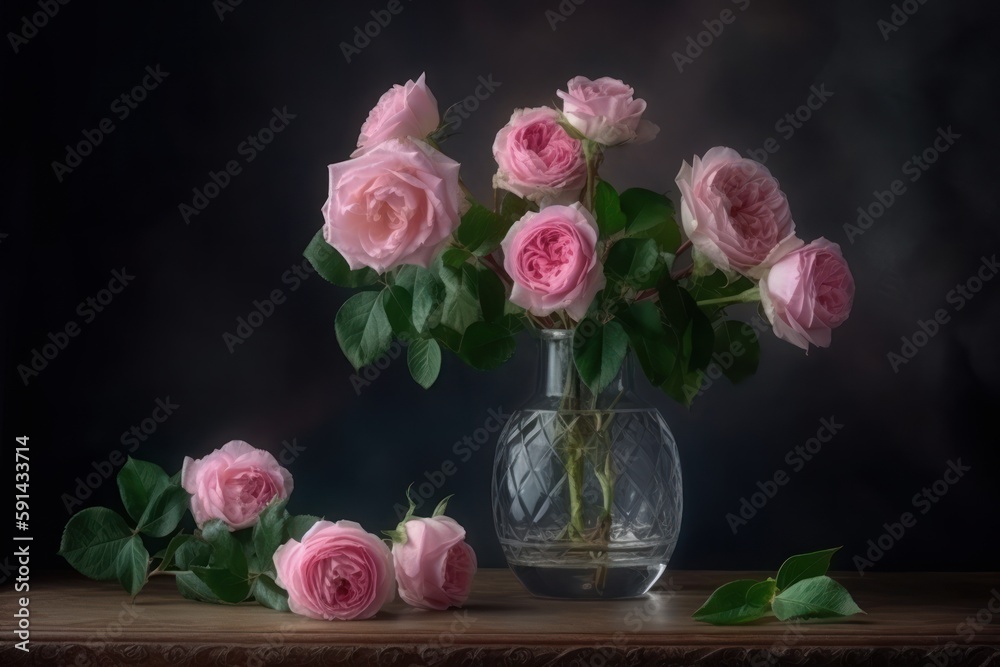 still life with pink roses in vase Generative AI still life with pink roses in vase Generative AI