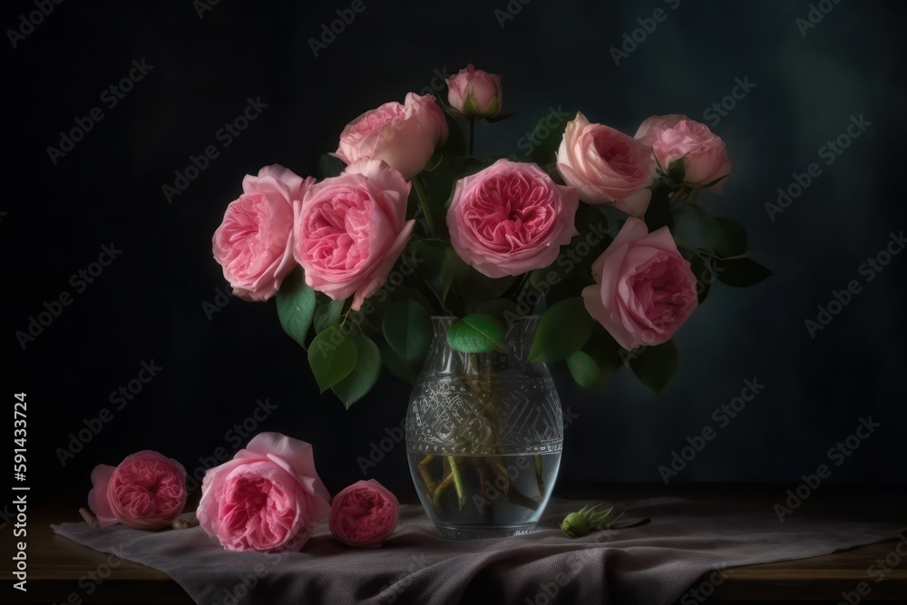 bouquet of roses in a vase on black background Generative AI bouquet of roses in a vase on black background Generative AI