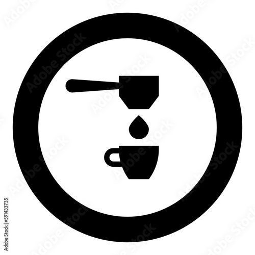 Coffee drop in cup filtering cuping portafilter drip icon in circle round black color vector illustration image solid outline style