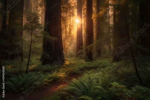 Sunset views in the Redwood Forest, Redwoods National & State Parks California photo